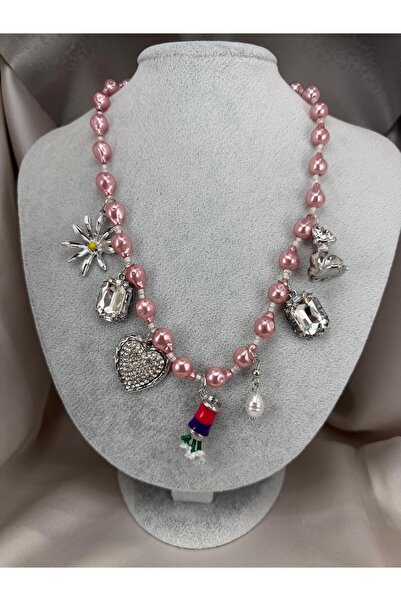 ZS Aksesuar Pink Pearl Look Heart and Stone Detailed Women's Necklace Stylish...