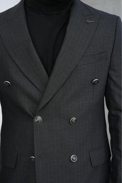 Dupont Slim Fit Men's Pointed Collar Striped Double Breasted Suit