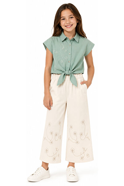 İrem Çocuk Giyim Girl's Shirt with Floral Detail, Button Closure, Tie Front, ...