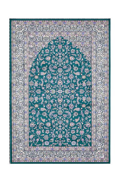 Carmine Carpet Turquoise Ravza Flower Motif Mosque Nebevi Mihrap Sponge Digital Printed Prayer Mat