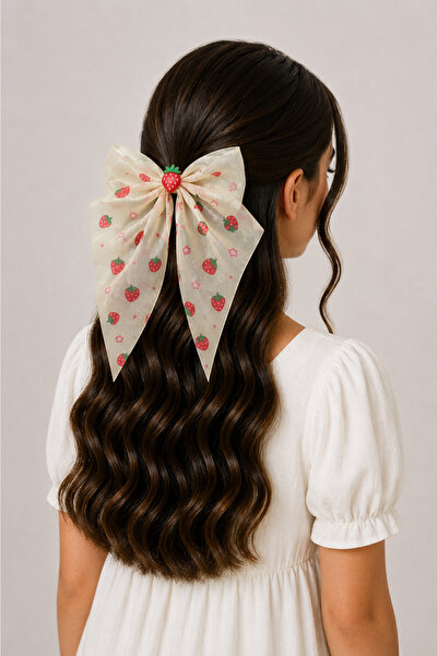 MakeWell Girl's Pink Strawberry Patterned Bow Clip Hairpin Organza Tulle Ribb...