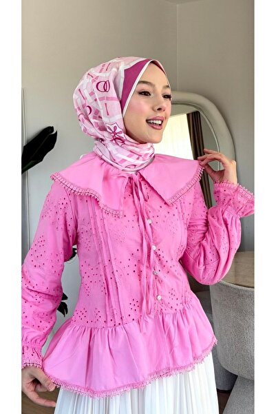 Nes Moda Kadın Bebe Yaka Taş Düğme Detaylı Tesettür Tunik Gömlek