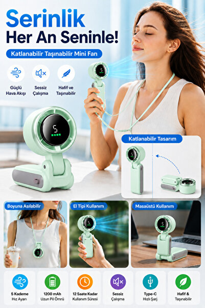 OpenCity Yeşil Taşınabilir Mini Fan Katlanabilir Boyuna Asılabilir USB Şarjlı...