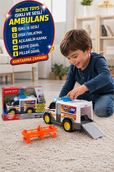 TOYFEST Dickie Toys Işıklı Sesli Disk Atan Ambulans Aracı Sedyeli Oyuncak Mod...