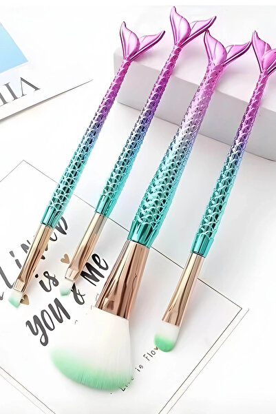 DiyMer Set of 4 Pink and Turquoise Colored Makeup Brushes with Fishtail Shape