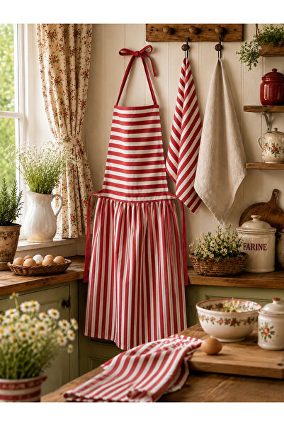 Sister Home Design Keten Mutfak Önlüğü Seti Açık Yeşil Çizgili | 55x70 cm Önl...