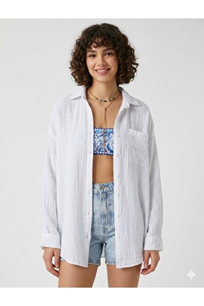 Royteks Fashion Kadın Müslin Kumaş Oversize Tek Cepli Şık Gömlek