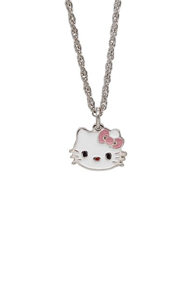 kolbi Hello Kitty Necklace with Pink Bow and Cat Figure Enamel Pendant - Pink and White Enamel Twisted Chain