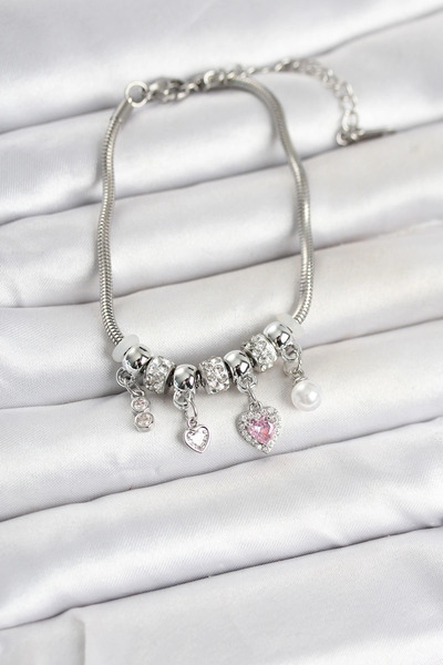 Eco Lounge Brass Silver Color Heart Detailed Charm Women's Bracelet