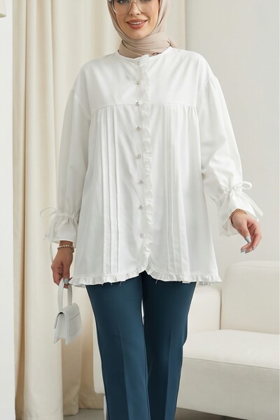 Modamorfo Ruffle Detailed Sleeve Lace-Up Stone Buttoned Cupra Tunic -Ecru