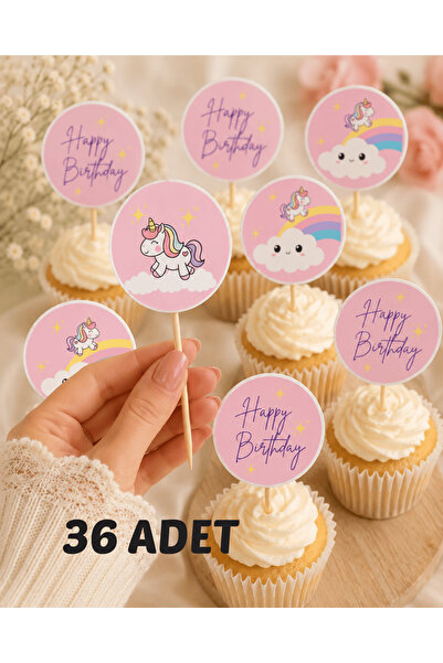 Dijital Nostal Unicorn Cupcake Topper Popüler Trend Kürdan Süs 36 Adet