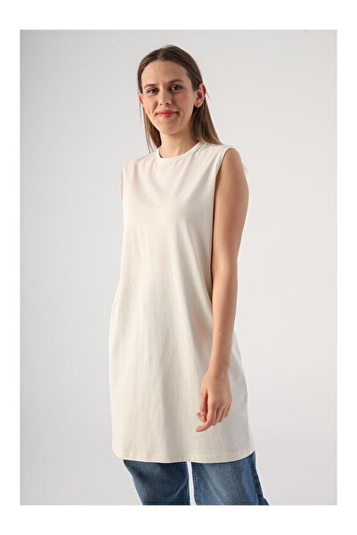 LC Waikiki Nevavm Ecru Cotton Collared Sleeveless Tunic with Contrast