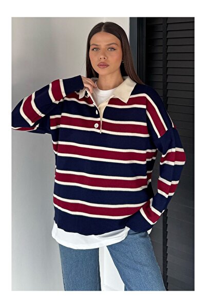 LC Waikiki Nevavm Women's Half Buttoned Stripe Patterned Knitwear Sweater wit...
