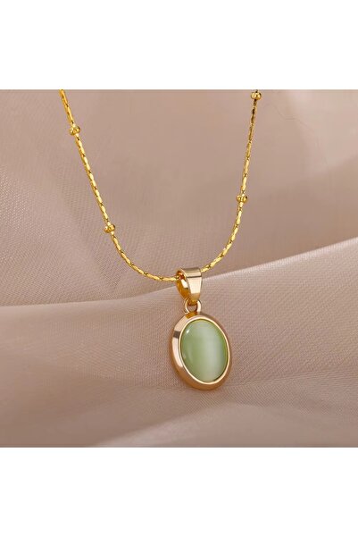 Choice 45cm Steel color Oval Opal Pendant Necklace For Women Gold Plated Stai...