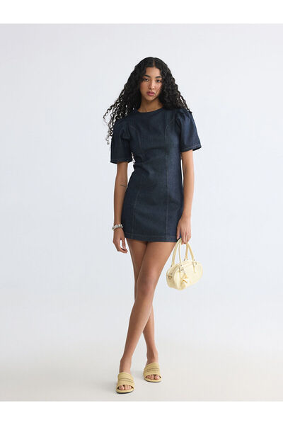 LC Waikiki NEVAVM Rochie mini din denim cu guler oval și mâneci tip pepene verde