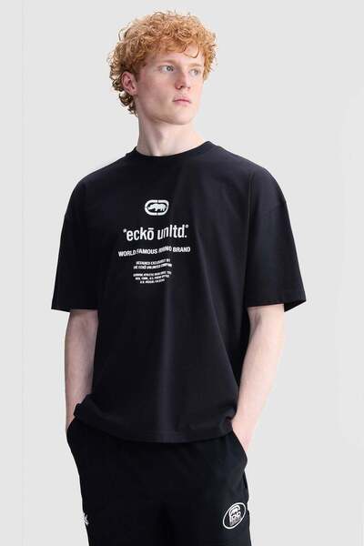 ecko unltd. PAXTON Oversize Bisiklet Yaka Baskılı %100 Pamuk Erkek Siyah Tişört
