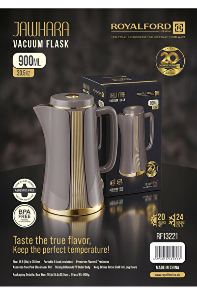 ROYALFORD قارورة زجاجية مفرغة الهواء سعة 900 مل طراز RF13221، وعاء حراري للقهوة