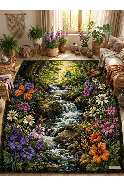 Rugs Modern Halı SDT Doğa Manzaralı Şelale Desenli Rengarenk Dokuma Taban Dek...