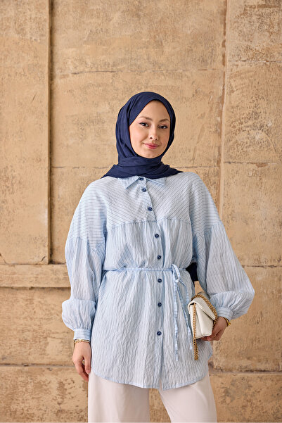 LOCCO Women's Striped Patterned Waist-Tie Shirt Blue