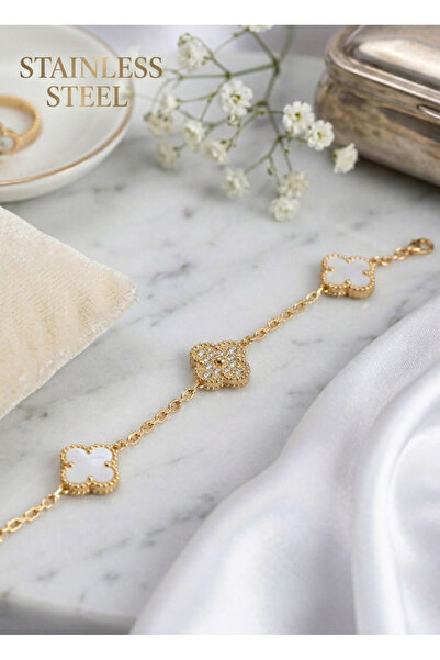 stainless steell 316L Steel Gold Color White and Zircon Stone Clover Bracelet
