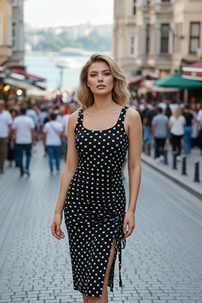 Mossta Polka Dot Pattern Side Gathered Knitted Crepe Dress - Black