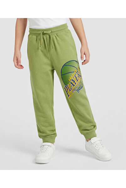 Pine kids Knit Full Length Lounge Pant with Text Print - Olive Green