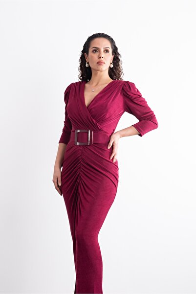 Mialora Double-Breasted Collar, Short Sleeves, Belted and Front Slit Evening ...