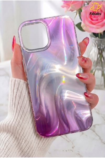 Fibaks iPhone 15 Plus/14 Plus Kılıf Rüya Shine Saten Dokulu Renk Geçiş Hologr...