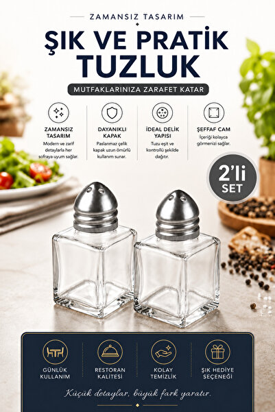 Adaptoll Mini Cam Tuzluk Biberlik Seti 2’li Kare Baharatlık Paslanmaz Çelik K...