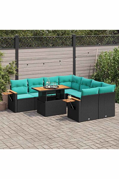 vidaxl Set mobilier de gradina cu perne, 9 piese, negru, poliratan