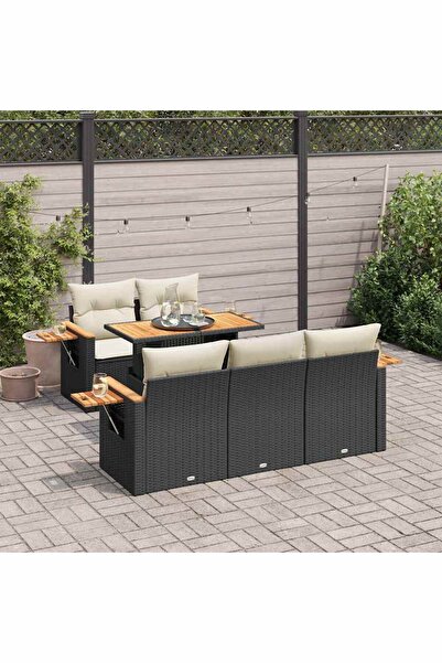 vidaxl Set mobilier gradina perne 6 piese negru poliratan/lemn acacia