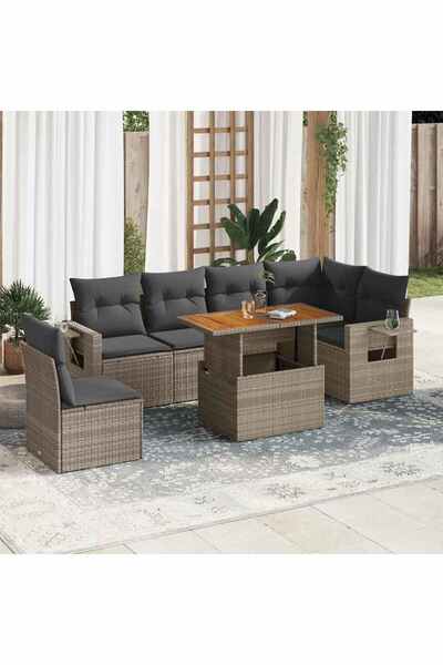 vidaxl Set canapele de gradina, 7 piese, cu perne, gri, poliratan