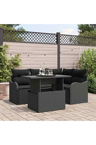 vidaxl Set dining pentru exterior cu perna 5 pcs Negru Rattan poli