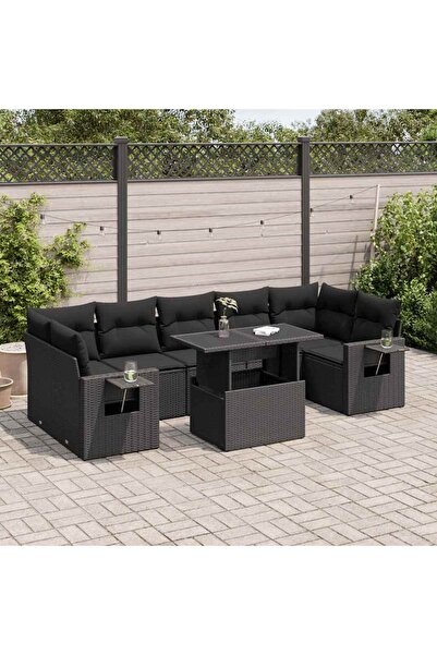 vidaxl Set mobilier de gradina cu perne, 8 piese, negru, poliratan