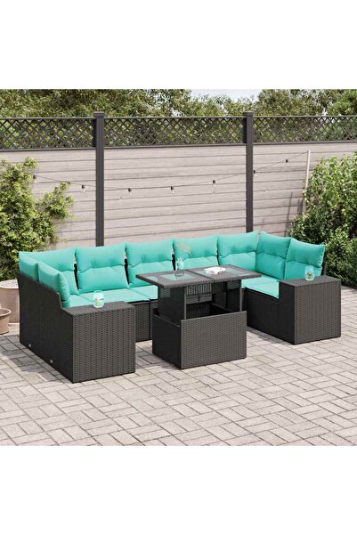 vidaxl Set mobilier gradina perne 8 piese negru, poliratan/lemn acacia