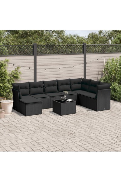 vidaxl Set mobilier de gradina cu perne, 9 piese, negru, poliratan