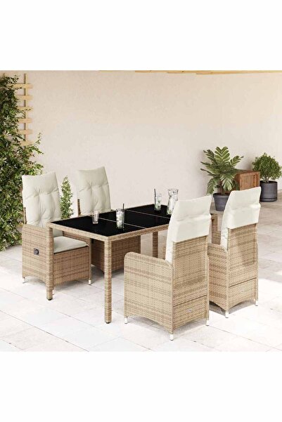vidaxl Set bistro de gradina, 5 piese, cu perne, bej, poliratan