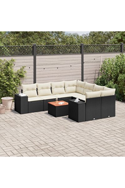 vidaxl Set mobilier de gradina cu perne, 9 piese, negru, poliratan