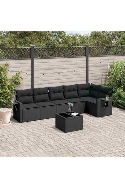 vidaxl Set canapele de gradina cu perne, 7 piese, negru, poliratan