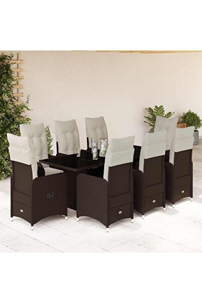 vidaxl Set bistro de gradina cu perne, 9 piese, maro, poliratan