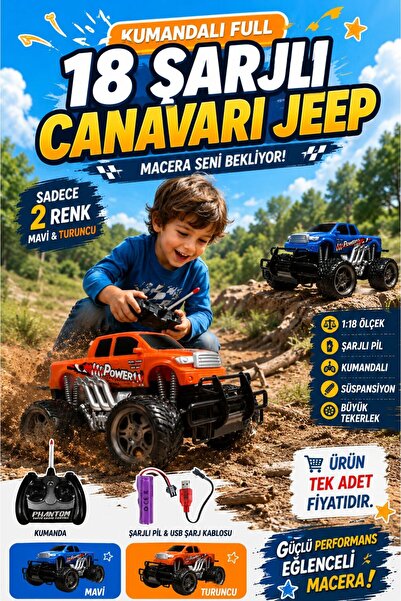 SAZE 1:18 Ölçek Şarjlı Kumandalı Arazi Canavarı Jeep Büyük Teker Off Road Oyu...