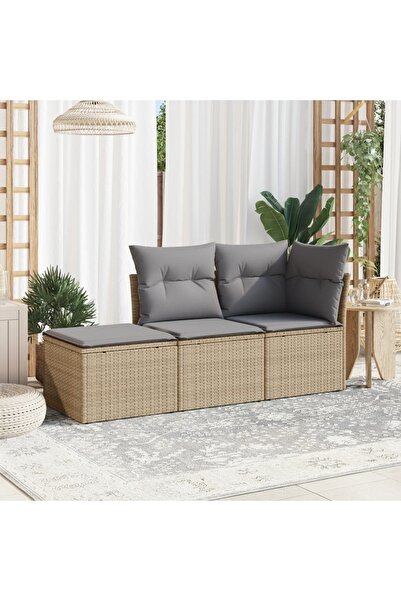 vidaxl Set canapele de gradina, 3 piese, cu perne, bej, poliratan