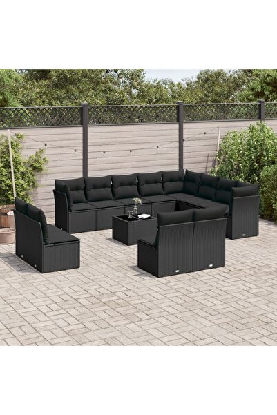 vidaxl Set mobilier de gradina cu perne, 13 piese, negru, poliratan