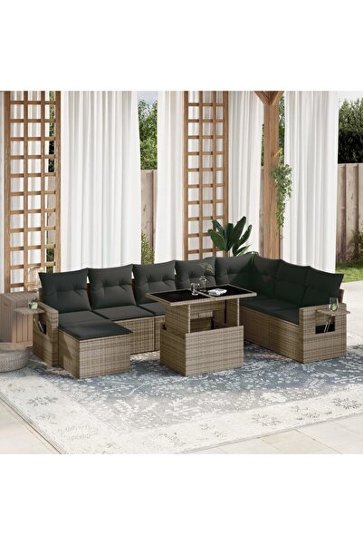vidaxl Set canapele de gradina, 9 piese, cu perne, gri, poliratan
