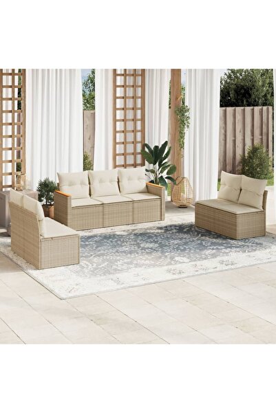 vidaxl Set canapele de gradina, 7 piese, cu perne, bej, poliratan