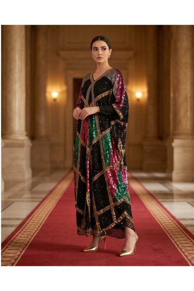 İthal Kadın Siyah Çok Renkli Payet İşlemeli Geometrik Desenli Kaftan Elbise