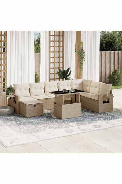 vidaxl Set canapele de gradina, 9 piese, cu perne, bej, poliratan