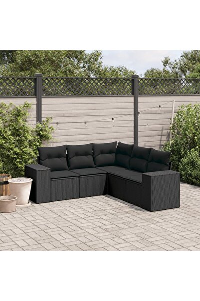 vidaxl Set mobilier de gradina cu perne, 5 piese, negru, poliratan