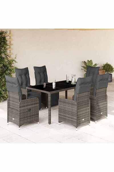 vidaxl Set bistro de gradina cu perne, 7 piese, gri, poliratan