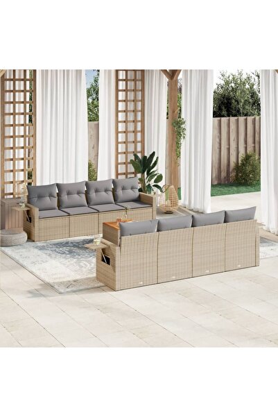 vidaxl Set canapele de gradina, 9 piese, cu perne, bej, poliratan